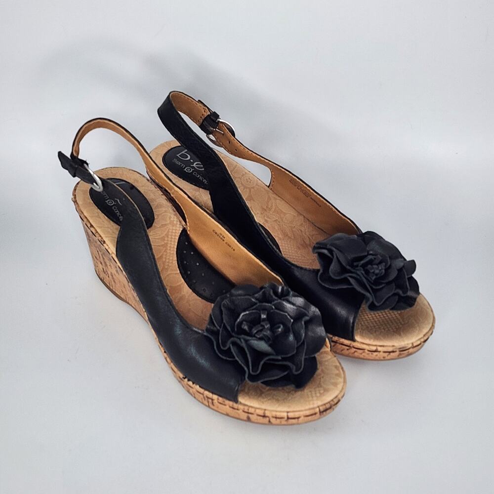 B.O.C. Born Black Leather Flower Wedge Heels Women's Size 9 M